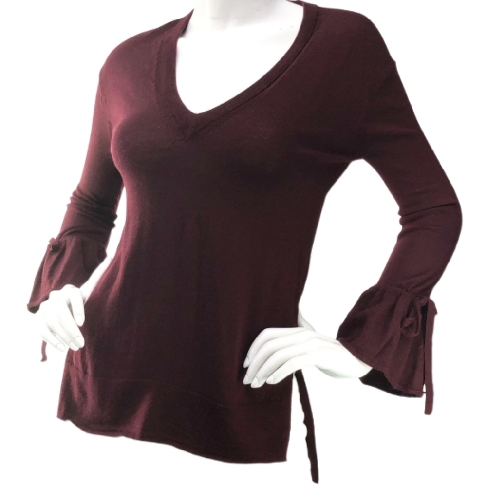J.Crew Women's Burgundy V-Neck‎ Merino Wool Top with Tie Sleeves Size XS